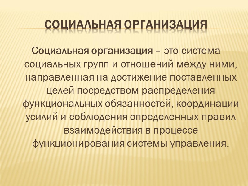 СОЦИАЛЬНАЯ ОРГАНИЗАЦИЯ Социальная организация – это система социальных групп и отношений между ними, направленная